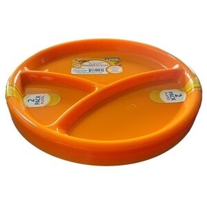 14 new plastic dinner plates 9.75” with dividers in orange